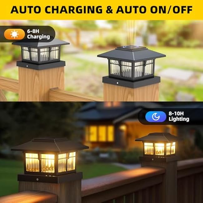 4x4 Solar Post Cap Lights, 8 Pack Fence Deck Post Lights Outdoor Solar Powered Waterproof with Two Light Modes Warm&Cool White for Garden Patio Decor.(Classic Black, 8)
