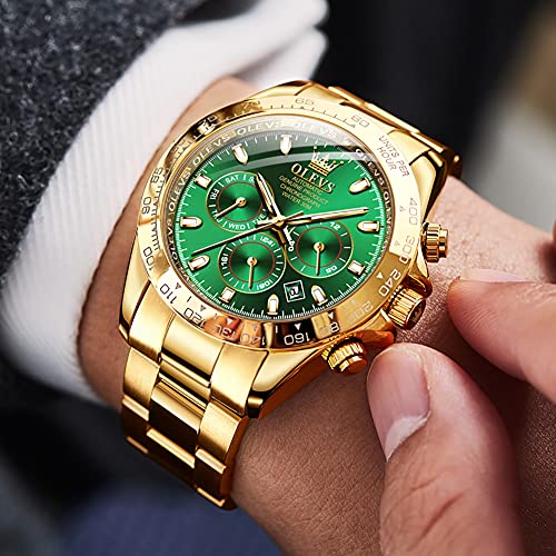 Image of OLEVS Men's Gold Watch Popular, Automatic Winding, Gold Strap, Water Resistant to 3 ATM, Luminous, Calendar, Date, Skeleton, gold-green, Bracelet Type
