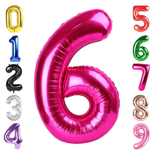 Image of 40 Inch Hot Pink Number 6 Balloon, 6th Birthday Party Decorations | 40 Inch Hot Pink inflatable foil number balloons, large birthday decorations for 6th birthday