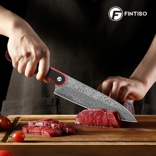 Image of FINTISO Chef Knife 8 Inch, Professional 67-Layer Damascus Stainless Steel Kitchen Knife with 10Cr15CoMoV Steel Core, Ultra Sharp Cooking Knife with Ergonomic Full Tang G10 Handle