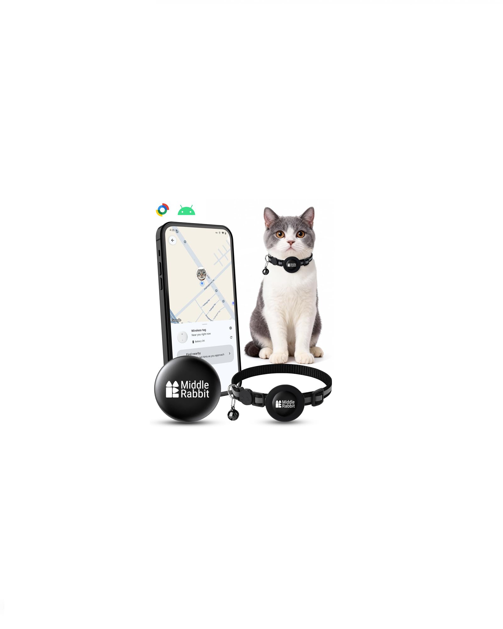 Cat Tracker for Android with Collar, GPS Pet Tracking Tag for Cats, Android Airtag Alternative, Cat Collar with Tracker Holder, Compatible with Google Find My Device, No Subscription Needed