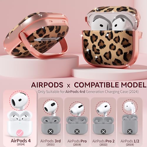 Image of Inesore for AirPods 4 Case Cover 2024 with Lock-Black+ Brown Leopard | Two-Piece Design,with Gold Keychain & Cleaning Pen,Support Wireless Charging,Cute Luxury Case for Women Girly