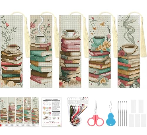 VIGEGU 5 Pack Cross Stitch Kits for Beginners Coffee Stamped Cross Stitch Kits Bookmarks for Women 14ct Cross Stitch Embroidery Kit for Beginners Crafts for Adults