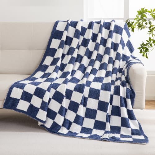 Image of YIRUIO Checkered Knit Throw Blanket Ultra Soft Microfiber Reversible,Fluffy Fuzzy Cozy Throw for Bed,Sofa Couch Home Decor Blue 80x90 Inches Oversized
