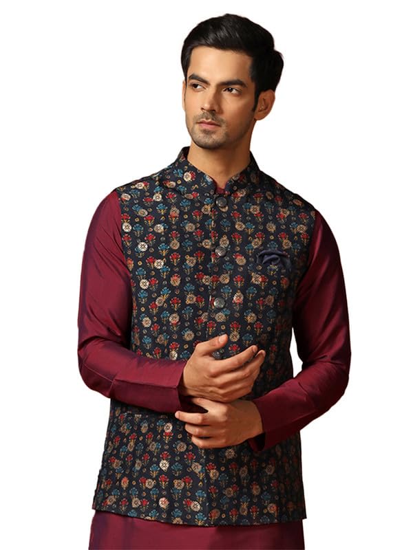 kisah Men's Nehru Jacket, Blue Jacquard, Ethnic Motif Regular Fit Mandarin Collar Sleeveless-picture-20