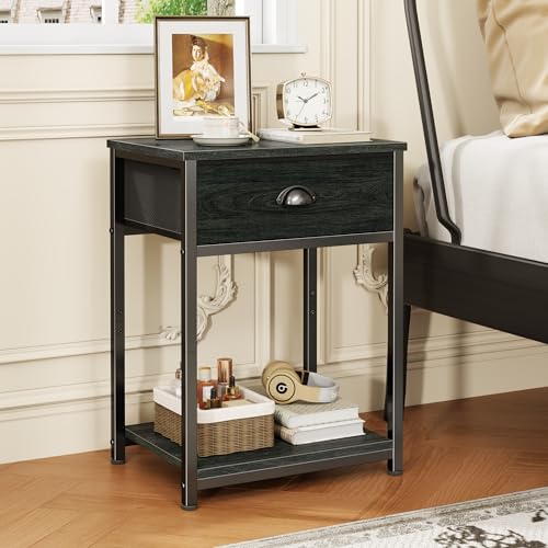 Image of Furologee Nightstands Set of 2, Industrial End Table with Fabric Drawer&Storage Shelf, Small Bedside Table Organizer for Small Space for Living Room, Tall 23.6 inch Night Stand for Bedroom, Black Oak
