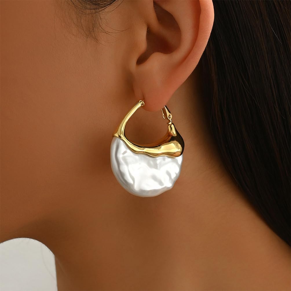 Trendy Gold Half Round Moon Pearl Earrings Statement for Women, Charm Vintage Unique Chunky Irregular Pearl Hoop Earrings Dainty Valentine Jewelry Gift - Image 3