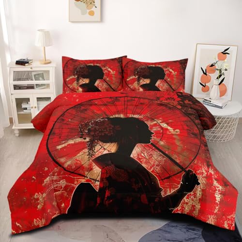 CCoutueChen Japanese Bedding Black Red Comforter Set King Vintage Japanese Maiko Girl Silhouette Quilt Set for Women Girls Teens 3Pcs Soft Lightweight Decorative Down Comforter with 2 Pillowcases
