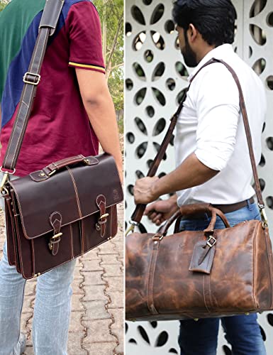 Image of RUSTIC TOWN Leather Bag Replacement Shoulder Strap - Adjustable /Comfortable Strap with Shoulder Padding for all Duffle, Satchel, Messenger, Briefcase Bag (Mulberry Belt with Red Stitching)