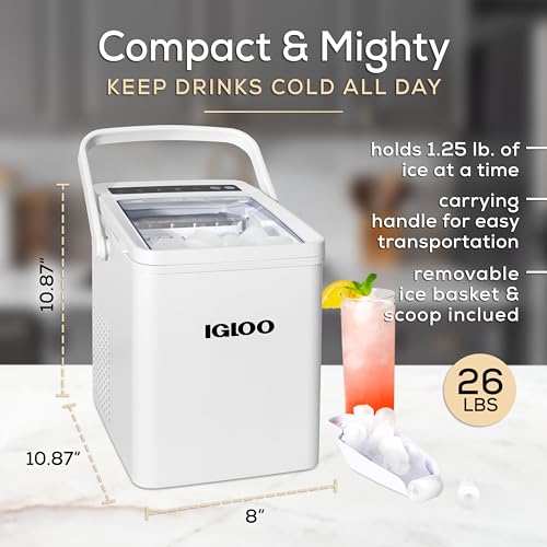 Igloo Automatic Self-Cleaning Portable Electric Countertop Ice Maker Machine with Handle, 26 Pounds in 24 Hours, 9 Ice Cubes Ready in 7 Minutes, with Ice Scoop and Basket