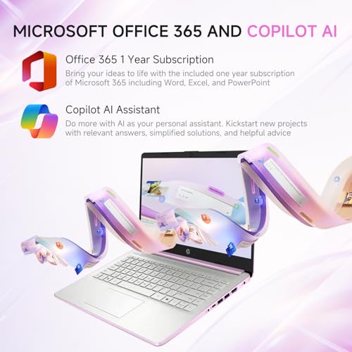 Image of HP 2026 14 inch Laptop Computer, Copilot AI, Intel N150, 16 GB RAM, 512 GB Storage(128GB UFS+256GB MSD+128GB UFD), 1-Year Office 365, WiFi 6, Ultra Light, Portable, Windows 11 Pro, Honey Lavender