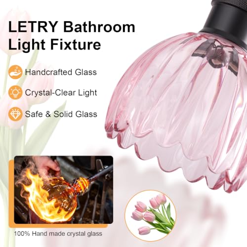 Image of Bathroom Light Fixtures, 3-Light Brushed Black Vanity Lights for Bathroom with Pink Tulip Glass Shade, 20 inch Vintage Bathroom Vanity Lighting Fixtures Over Mirror for Bedroom Living Room Hallway