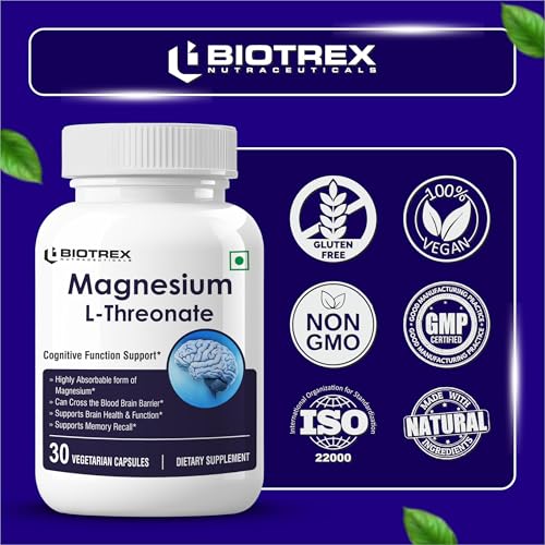 Image of Biotrex Nutraceuticals Magnesium L Threonate 2000mg Per Serving | Better sleep, Cognitive Support & Quick Thinking | Brain & Memory Function | Most Bioavailable Form of Magnesium | 30 Vegetarian Capsules