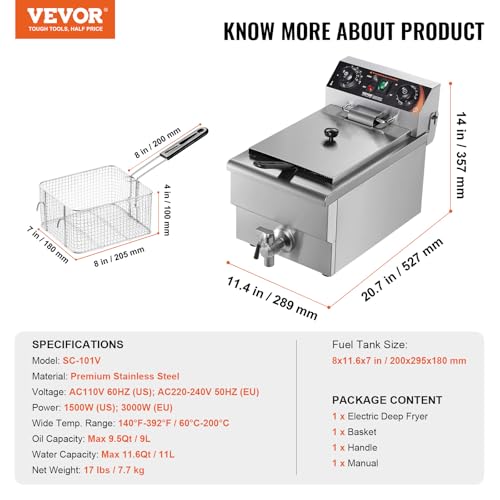 VEVOR kommerzielle Fritteuse, 1500 W elektrische Fritteuse mit Korb, 9 L Edelstahl Fritteuse mit Zeit- und Temperaturkontrolle, Überhitzungsschutz, Fritteuse für Küche Restaurant Café Bar – Bild 8