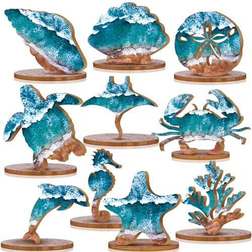 Image of Threehoney 10 Pcs Ocean Wood Table Sign Under The Sea Wooden Beach Table Decor Sea Animal Coastal Beach Centerpiece Nautical Block Summer Decoration for Home Party Supplies(Rustic Style)