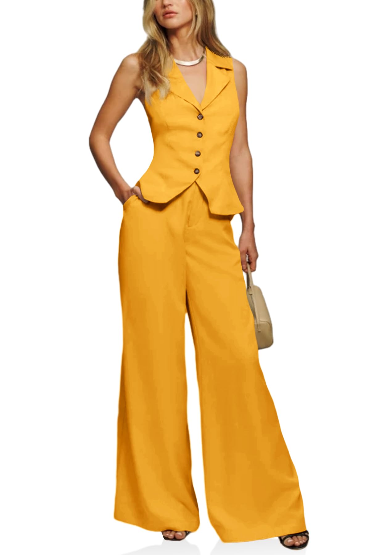 Womens Vest Sets Summer 2 Piece Outfits Button Crop Blazer Vest and Wide Leg Pant Suits-image-15