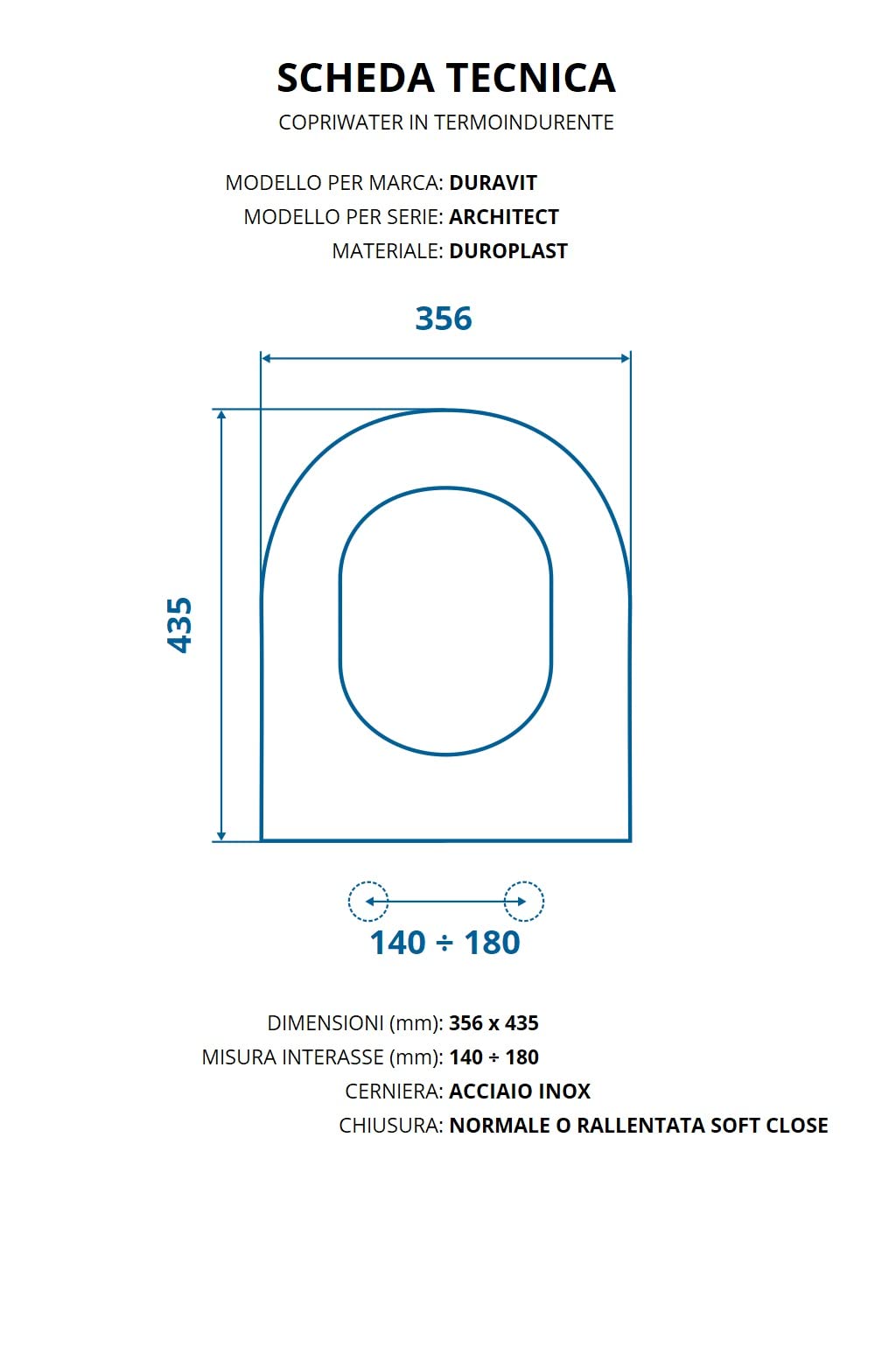 Copriwater per DURAVIT ARCHITECT AVVOLGENTE TERMOINDURENTE BIANCO cerniera inox