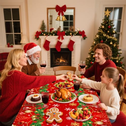 Merry Christmas Tablecloth, 2 Pack Plastic Red Disposable Rectangle Santa Claus Snowman Xmas Table Cloth Cover for Winter Christmas Party Decorations, 54 x 108 Inch – Image 6