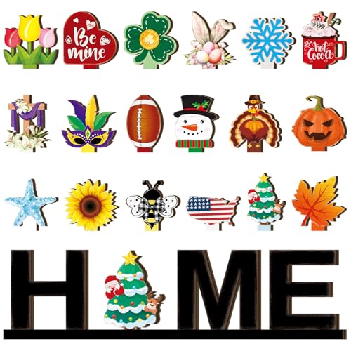 Yuntau Home Letter Sign Decoration with 18 Pcs Interchangeable Seasonal Icons Wooden Home Sign for All Seasons Letter Ornaments Set for Living Room Shelf Mantel Windowsill Decor