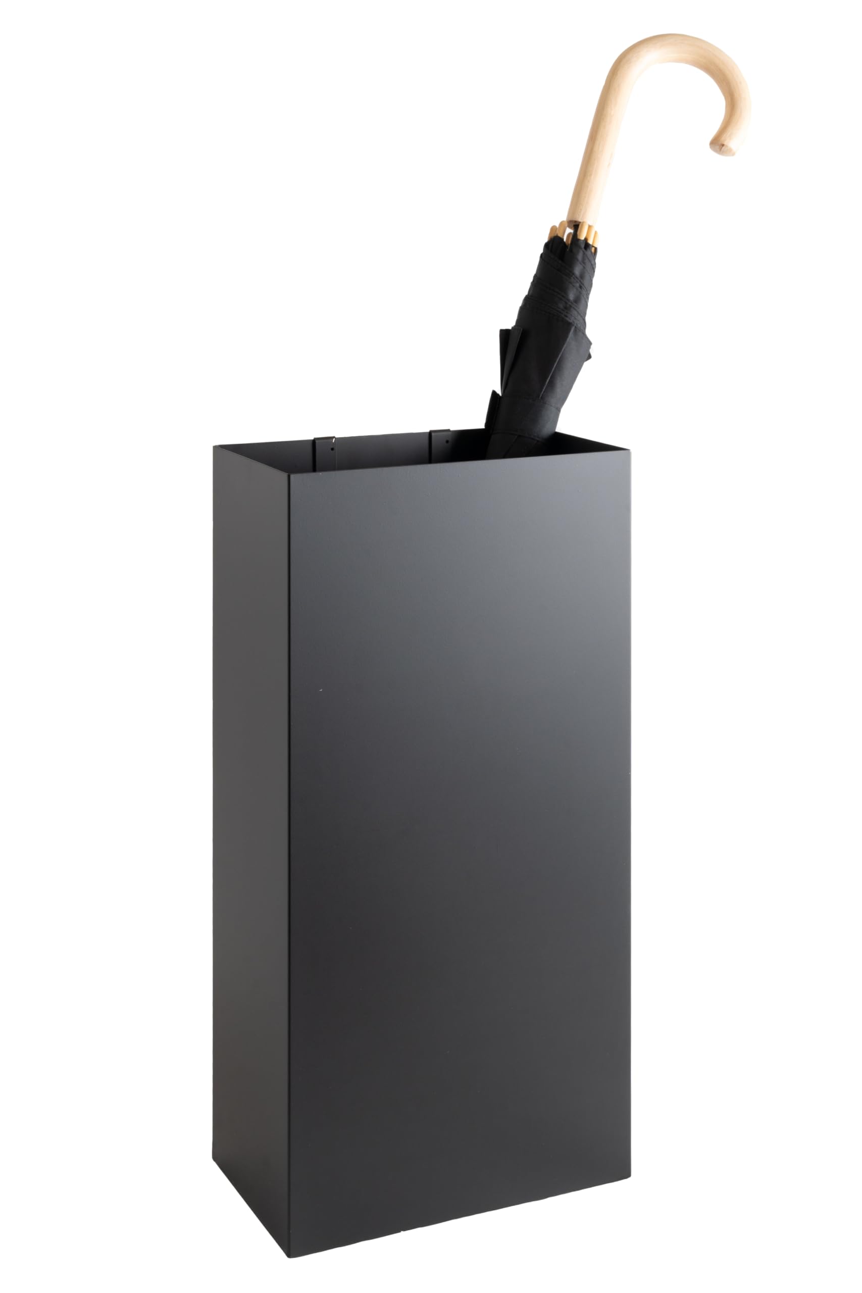 Schirmständer mit modernem Design aus Metall für Heim und Büro, Design-Ständer,schwarz, 2 Haken, 2x Wasserauffangschale herausnehmbar, 25x15x50cm, rechteckig, Regenschirmständer