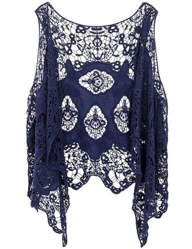 Image of Women's Floral Crochet Vest Hollow Out Open Front Vintage Boho Lace Button Sleeveless Crochet Cardigan