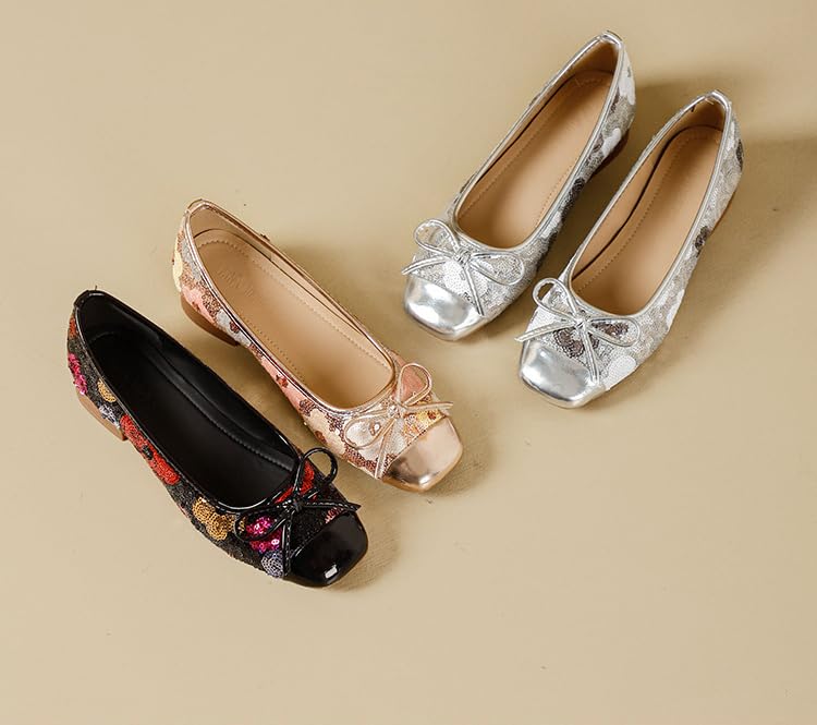 Women's Sequin Soft Leather Low Heel Metallic Toe Flats Bow Sparkle Slip On Memory Foam Cushion Insole Flat Shoes for Party Wedding2