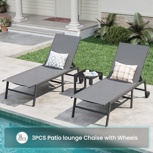 Image of Amopatio Patio Lounge Chairs Outdoor Chaise Lounges Set of 2 | Removable Pool Chairs with Wheels &Side Table Weather Resistant 5-Position Adjustable Backrest 400 LBS Capacity;Gray