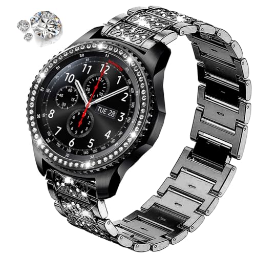 DEALELE Bands Compatible with Samsung Galaxy Watch 46mm / Gear S3 Frontier/Classic, 22mm Bling Rhinestone Diamond Metal Strap with Bezel Ring Cover Replacement for Women Men (Black)