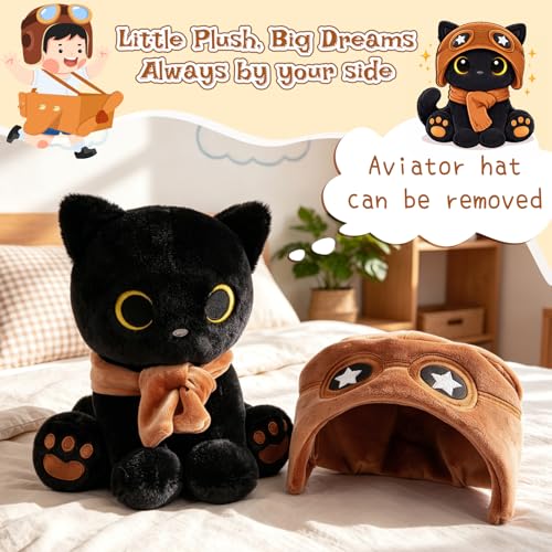 Image of Cat Plush Toy - Black Cat with Removable Aviator Hat, 8 inch Cute Stuffed Animal Pilot Gifts for Kids & Adults, Soft Aviator Kitten Toy Birthday Gift for Boys,Girls
