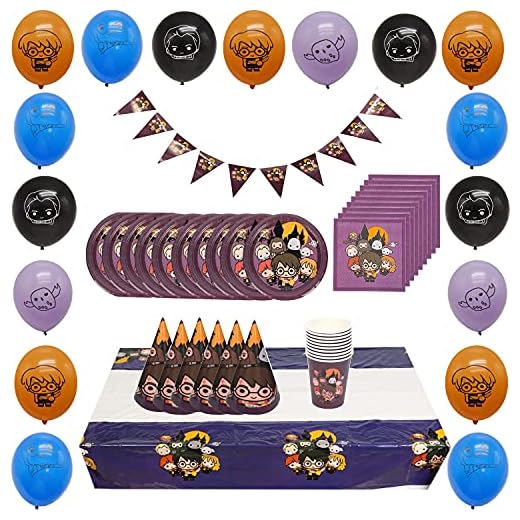 KENG 98 Pcs Harry Potter Mágica Temática Fiesta Reciclable Vajilla 10 Invitados Taza Cuchara Plato Tenedor Mantel Pañuelos Pancarta Globo
