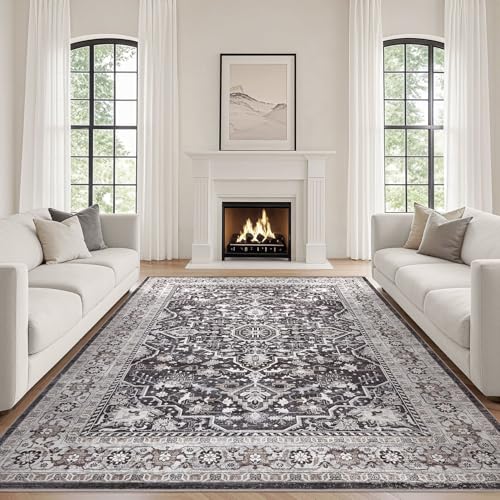 Black Rug Living Room Rugs: 12x15 Washable Boho Large Vintage Moody Soft Distressed Oriental Stain Resistant Non-Slip Indoor Floor Carpet for Bedroom Playroom Office Dining Room Retro Home House