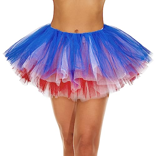 Zando 4th of July Red White and Blue Tutu for Women American Flag Tutu for Women Adults Teens Usa Patriotic 5 Layers Halloween Costume Cosplay Running Party Elastic Fluffy Tulle Dance Ballet Skirt