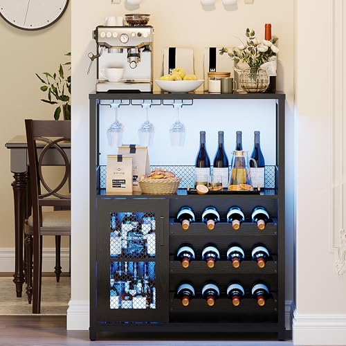 GarveeHome 3-Tier Wine Bar Cabinet with LED Lights & Wine Rack, Liquor Cabinet with Storage, Coffee Bar Cabinet with Glass Holder & Mesh Door, Sideboard Buffet Bar for Living Room, Dining Room, Black