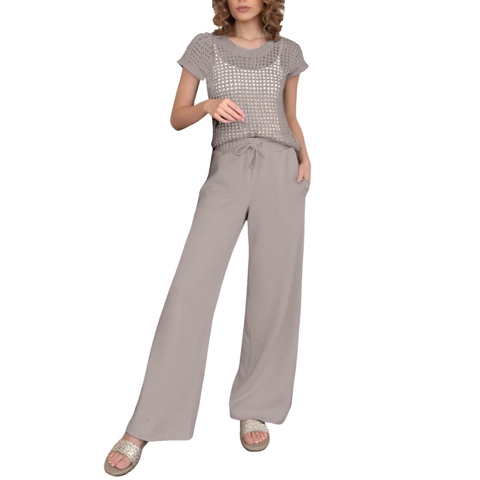 Chándal holgado para mujer, tallas grandes, de dos piezas, elegante, para verano, largo, chándal, yoga, tiempo libre, con pantalones, ropa para el hogar, traje de deporte, ropa de salón, ropa de ocio