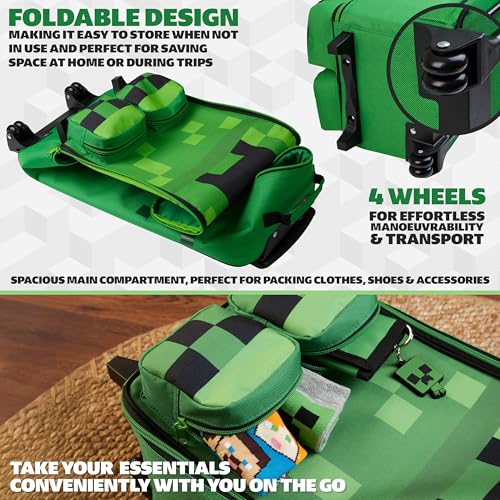 Minecraft Kids Foldable Trolley Bag 25”, 17L Luggage with Wheels, Creeper - Gamer Travel Essentials, Gifts for Kids4