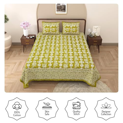Image of Opulent Collection Double Bedsheet with 2 Pillow Cover | 100% Cotton Bedsheets for Double Bed | Handloom Bedsheet | Size 86x90 inches | King Size (90X102 Inches) (Spicy Mustard, King)