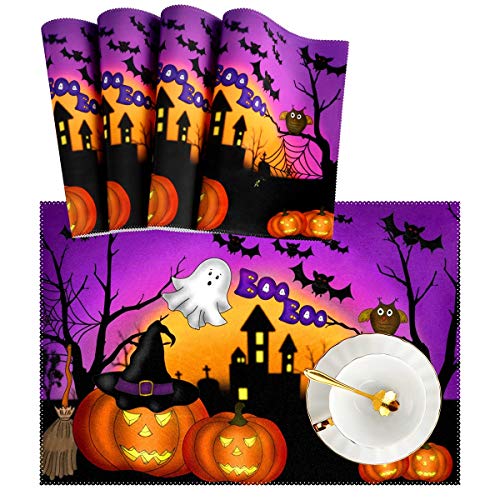 Naanle Halloween Placemats Set of 4 Ghost Owl Pumpkin Heat-Resistant Washable Table Place Mats for Kitchen Dining Table Decoration
