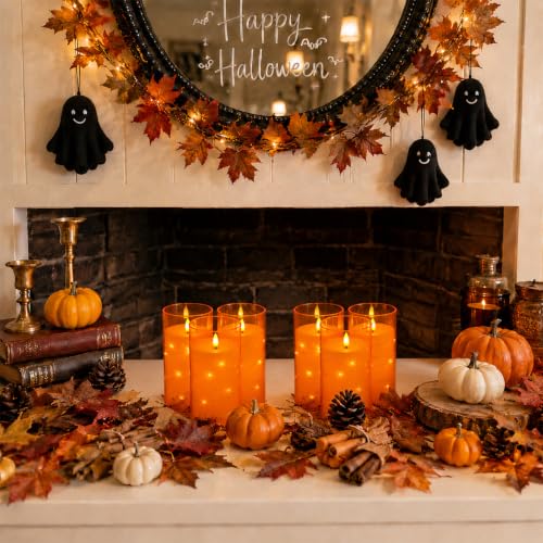 Image of Orange Flickering Flameless Candles with Remote Timer, 6 pcs LED Battery Operated Candles with String Lights, Halloween Fall Candles Decor for Home, Same Size D3 H6