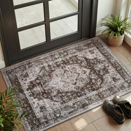 AMOAMI-2X3 Small Rug-Washable Rugs Entryway Mat Indoor-Soft Vintage Non Slip Rugs for Kitchen Laundry Room Bathroom Brick/Brown Decorative Accent Rug for in Front of Sink 24 Inch x36 Inch
