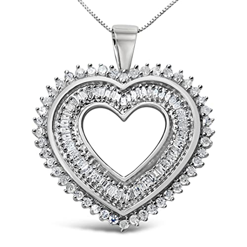 Haus of Brilliance .925 Sterling Silver 1.0 Cttw Baguette and Round Diamond Heart Pendant 18" Necklace (H-I Color, I3 Clarity)