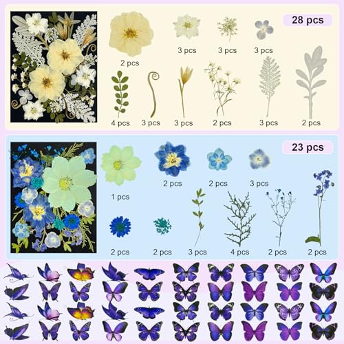 Image of 142Pcs Dried Flowers, Dried Pressed Flowers for Crafts, Natural Dried Pressed Flowers for Resin with DlY Butterfly Stickers&Tweezers for Photo Frames, Scrapbooks, Candles, Jewelry Making, Resin Molds