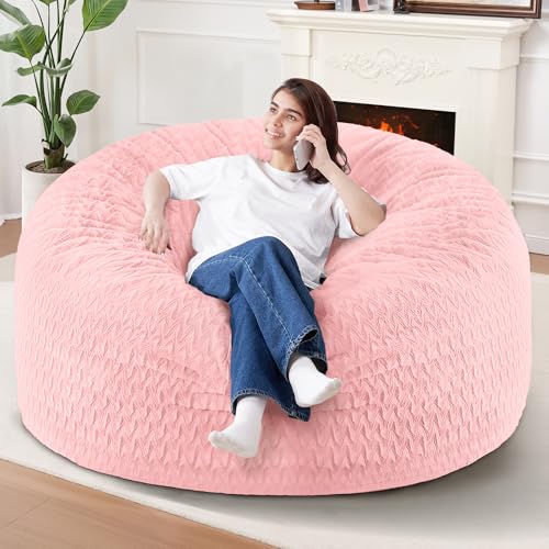 Image of 5FT Bean Bag Chair,Giant Bean Bag Chairs for Adults,Big Bean Bags with Memory Foam Filled, Large Beanbag Chairs with Chevron Plush Cover-Soft Pink