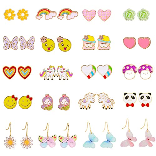 20 Pairs Earrings Set for Girls，Hypoallergenic Stud Colorful Earrings Set Cute Animal Butterfly Heart Flower Pearl Earring for Teen Girls Little Girls Jewelry Sets