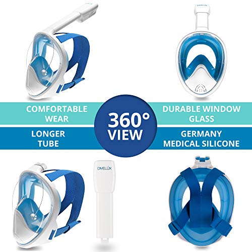 DIVELUX Full Face Snorkel Mask - Anti Fog & Anti Leak Technology | Seaview 180 Degree Panoramic Snorkel for Adult and Youth with Gifts: Waterproof Case and E-Book, (Blue, S/M)