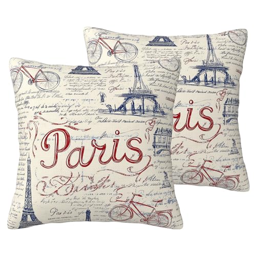 Lot de 2 Housses de Coussin Tour Eiffel, Motif Parisien, Rue avec vélo, décoration Parisienne, Recto Verso, taie d'oreiller décorative, 45 x 45 cm, pour...