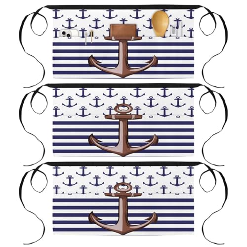 Tabliers courts à 3 poches lot de 3 demi-tabliers de cuisine motif ancre multicolore 60x30.5 cm