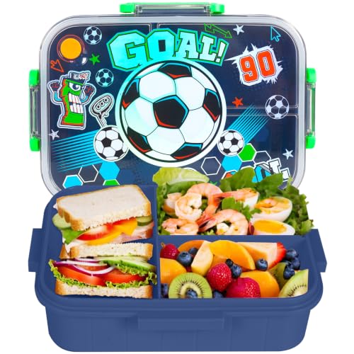 PinkSheep Bento Lunch Boxes for Kids 1200 ml BPA-Free Leak-Proof Children Food Containers with 3 Compartments (Football)
