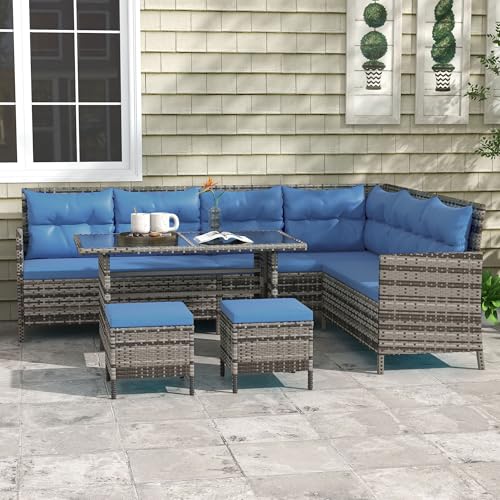 Outsunny 6 Pieces Patio Dining Set Wicker Outdoor Furniture Set Garden Rattan Sofa Set Outdoor Sectional Couch with Cushions, Dining Table and Ottomans, Blue - Image 3