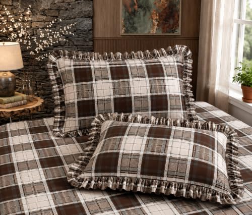 Image of Fitted Bedsheet Queen Size 300 TC Soft Cotton Feel Microfiber All Around Elastic Fitted Double Bedsheet with 2 Frill Pillow Covers | Size (60x78) Brown Check