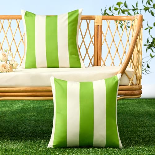 Image of Allorry Outdoor Pillow Covers 18x18 Set of 2 Sage Green Striped Decoration Throw Pillow Covers for Spring Summer Outdoor Waterproof Garden Patio Furniture Sofa Bed Home Decor JB007-E18